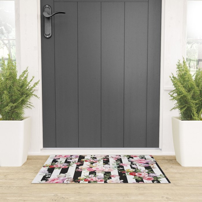 Bold pink watercolor roses floral black white stripes Welcome Mat Gallery Image 3