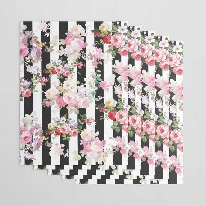 Bold pink watercolor roses floral black white stripes Wrapping Paper Gallery Image 3
