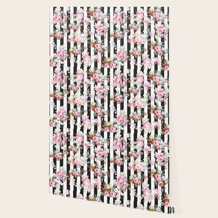 Bold pink watercolor roses floral black white stripes Wallpaper Gallery Image 2