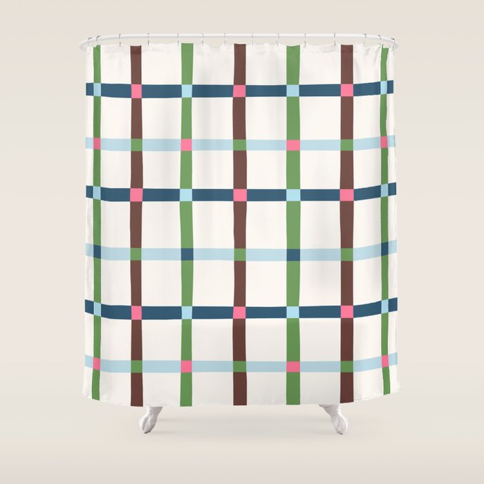 Windowpane Plaid Blue Green on Cream Shower Curtain Gallery Image 1