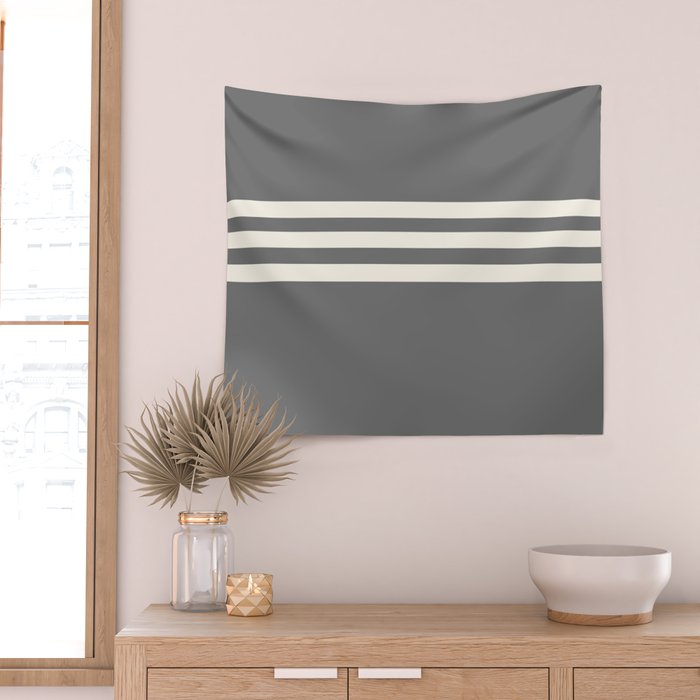 Grey Solid with Treble Ivory Stripes Minimalist Color Block Pattern Wall Tapestry Gallery Image 2