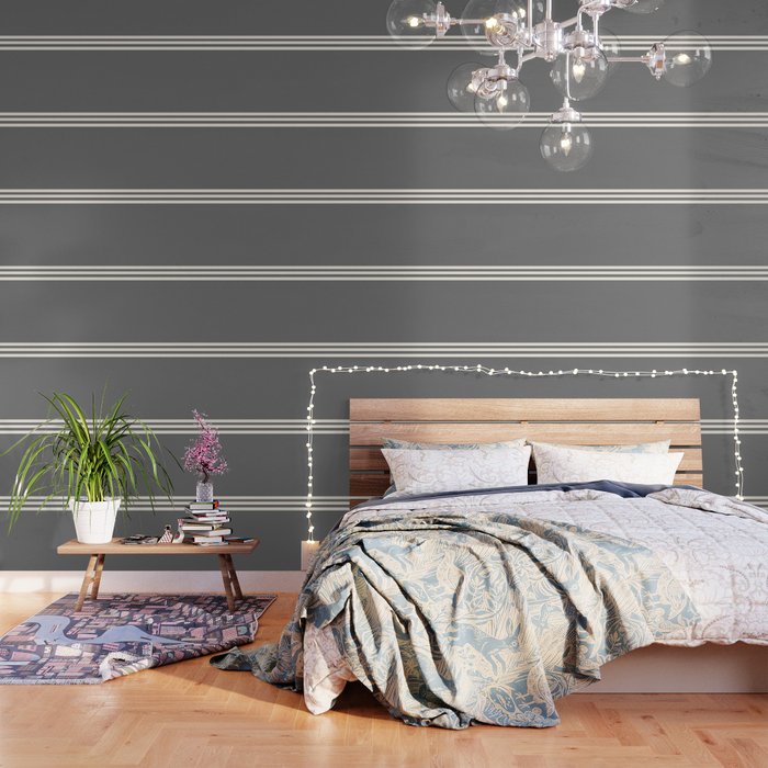 Grey Solid with Treble Ivory Stripes Minimalist Color Block Pattern Wallpaper Gallery Image 3