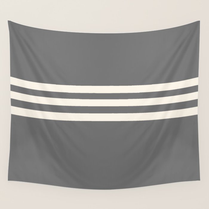 Grey Solid with Treble Ivory Stripes Minimalist Color Block Pattern Wall Tapestry Gallery Image 4