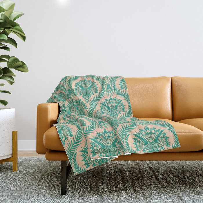 Triceratops Damask - Verdigris on peach Throw Blanket Gallery Image 1