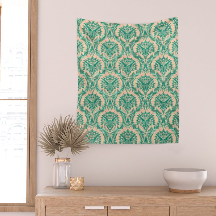 Triceratops Damask - Verdigris on peach Wall Tapestry Gallery Image 2