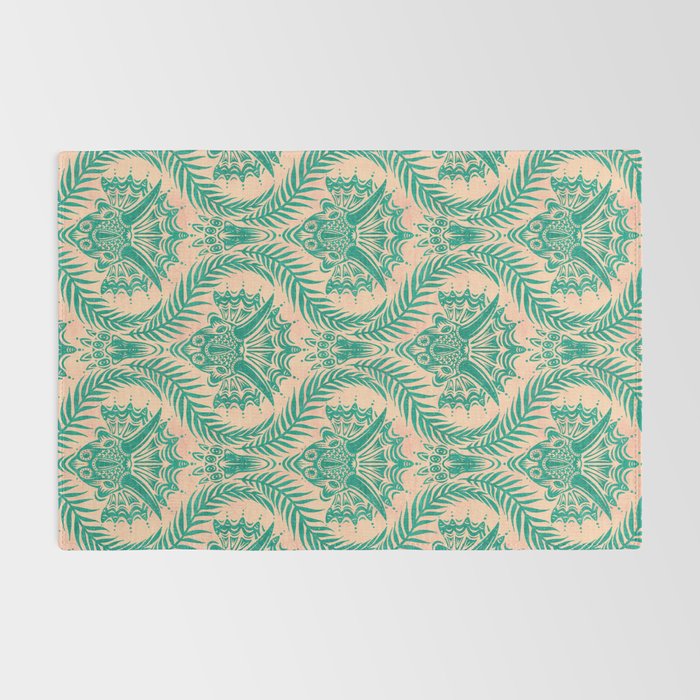 Triceratops Damask - Verdigris on peach Rug Gallery Image 2
