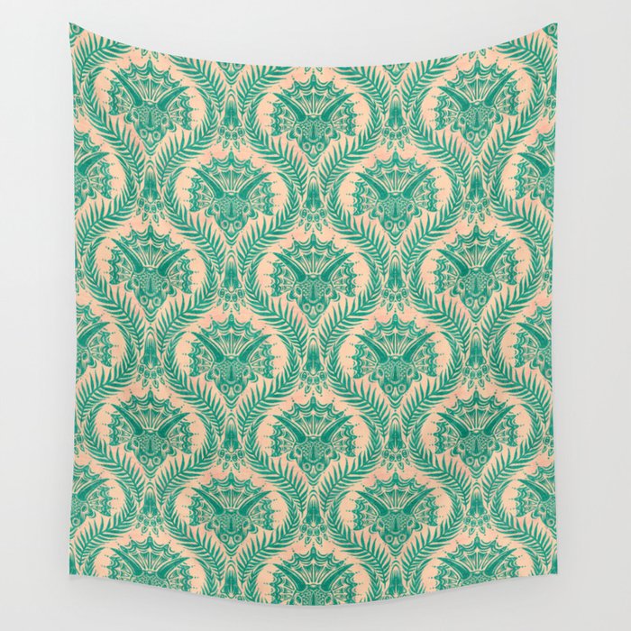 Triceratops Damask - Verdigris on peach Wall Tapestry Gallery Image 4