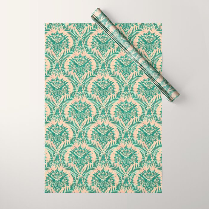 Triceratops Damask - Verdigris on peach Wrapping Paper Gallery Image 1