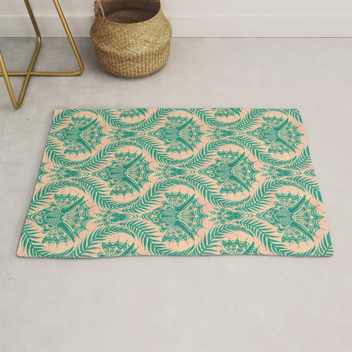 Triceratops Damask - Verdigris on peach Rug Gallery Image 1