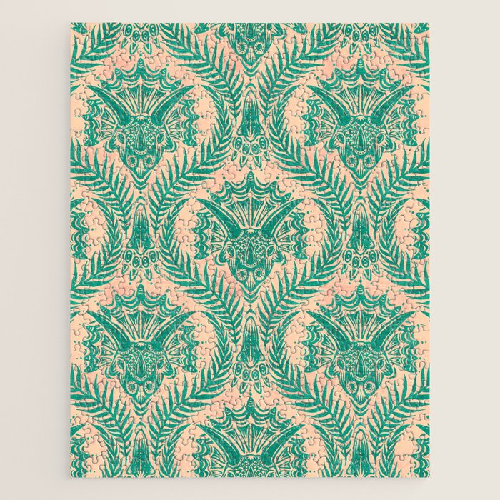 Triceratops Damask - Verdigris on peach Jigsaw Puzzle Gallery Image 1