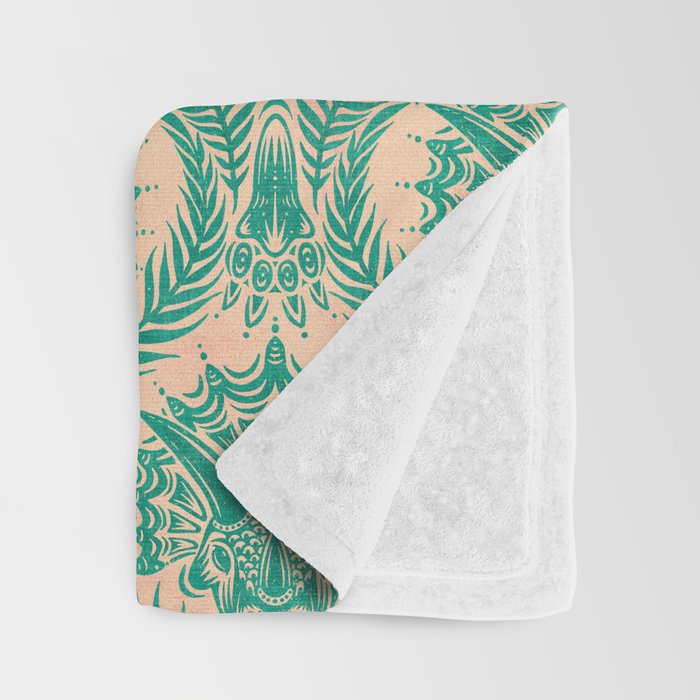 Triceratops Damask - Verdigris on peach Throw Blanket Gallery Image 3