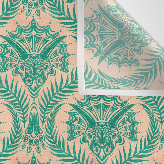 Triceratops Damask - Verdigris on peach Wall Tapestry Gallery Image 3