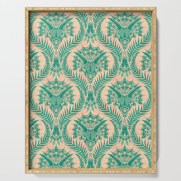 Triceratops Damask - Verdigris on peach Serving Tray Gallery Image 1