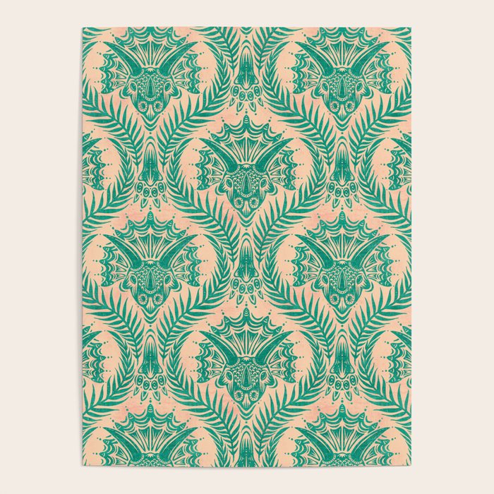 Triceratops Damask - Verdigris on peach Poster Gallery Image 4