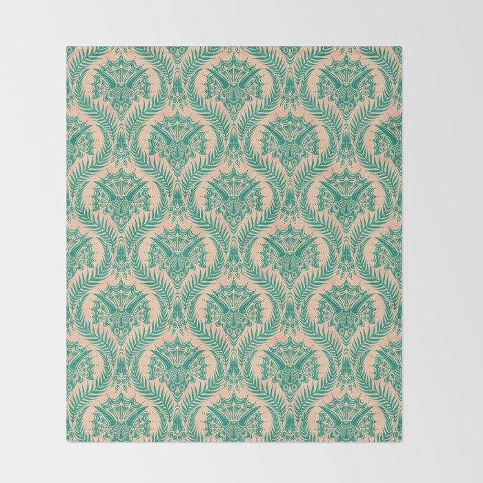 Triceratops Damask - Verdigris on peach Throw Blanket Gallery Image 2