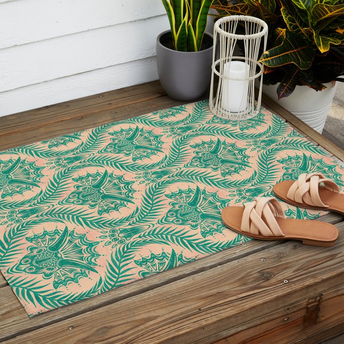 Triceratops Damask - Verdigris on peach Outdoor Rug Gallery Image 2