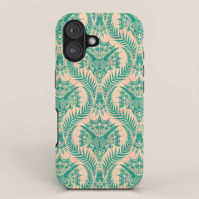 Triceratops Damask - Verdigris on peach iPhone Case Gallery Image 1