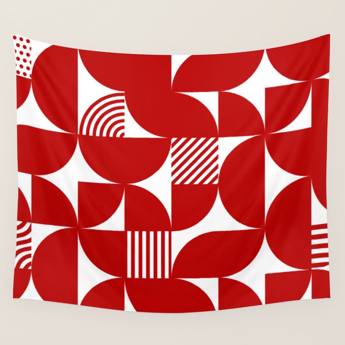 Red Mid Century Bauhaus Semi Circle Pattern Wall Tapestry Gallery Image 4