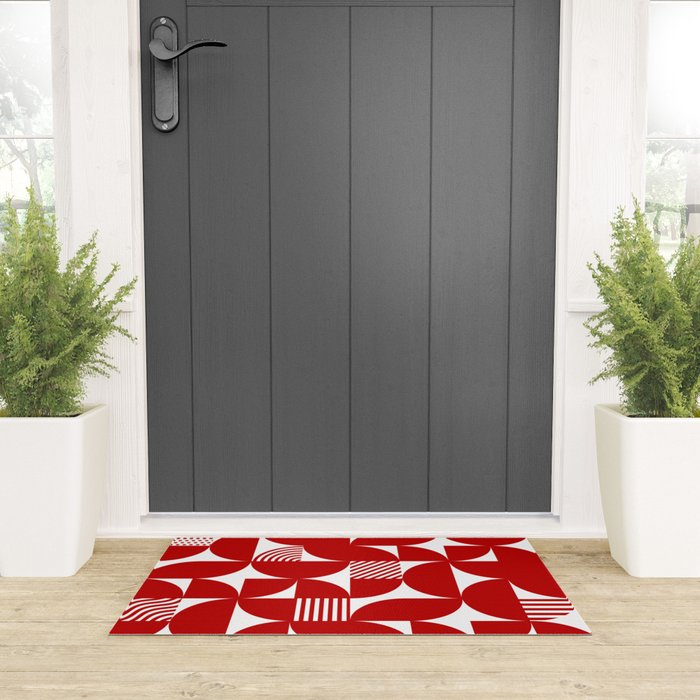 Red Mid Century Bauhaus Semi Circle Pattern Welcome Mat Gallery Image 3