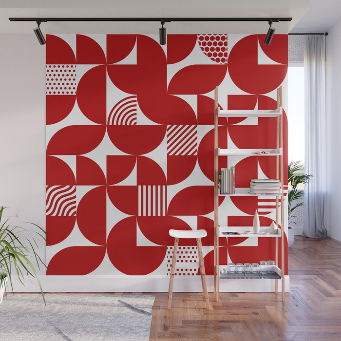 Red Mid Century Bauhaus Semi Circle Pattern Wall Mural Gallery Image 1