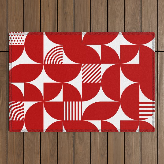 Red Mid Century Bauhaus Semi Circle Pattern Outdoor Rug Gallery Image 1