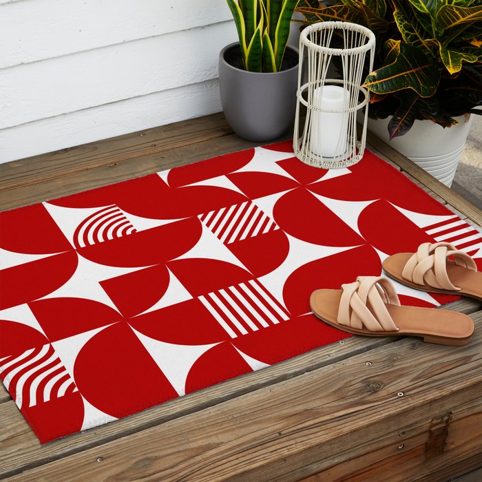 Red Mid Century Bauhaus Semi Circle Pattern Outdoor Rug Gallery Image 2