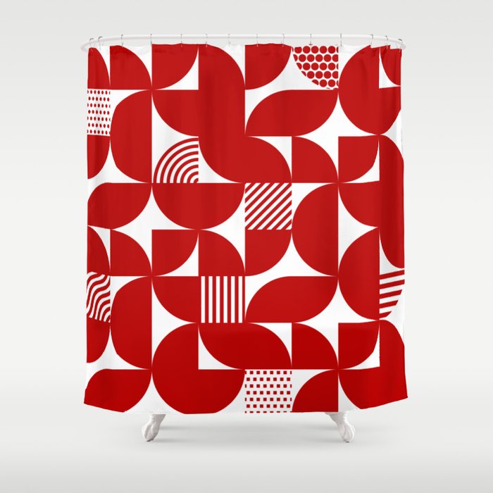 Red Mid Century Bauhaus Semi Circle Pattern Shower Curtain Gallery Image 1