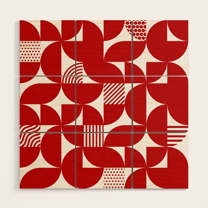 Red Mid Century Bauhaus Semi Circle Pattern Wood Wall Art Gallery Image 1