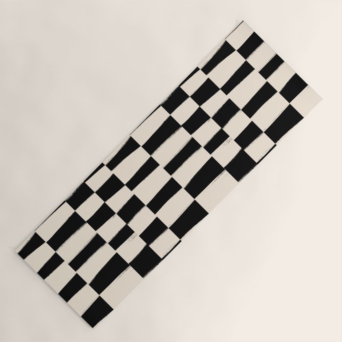 Wave Checks: Noir Black Handpainted Pattern Yoga Mat Gallery Image 1