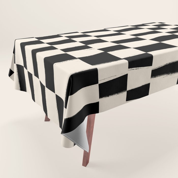 Wave Checks: Noir Black Handpainted Pattern Tablecloth Gallery Image 1