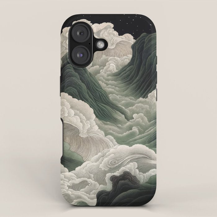 Japanese Wall Art Anime Poster Sage Green Wabi Sabi Painting Mountain Wall Art iPhone Case Gallery Image 1