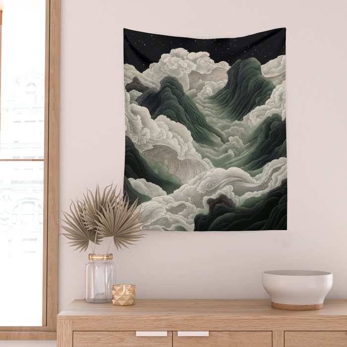 Japanese Wall Art Anime Poster Sage Green Wabi Sabi Painting Mountain Wall Art Wall Tapestry Gallery Image 2