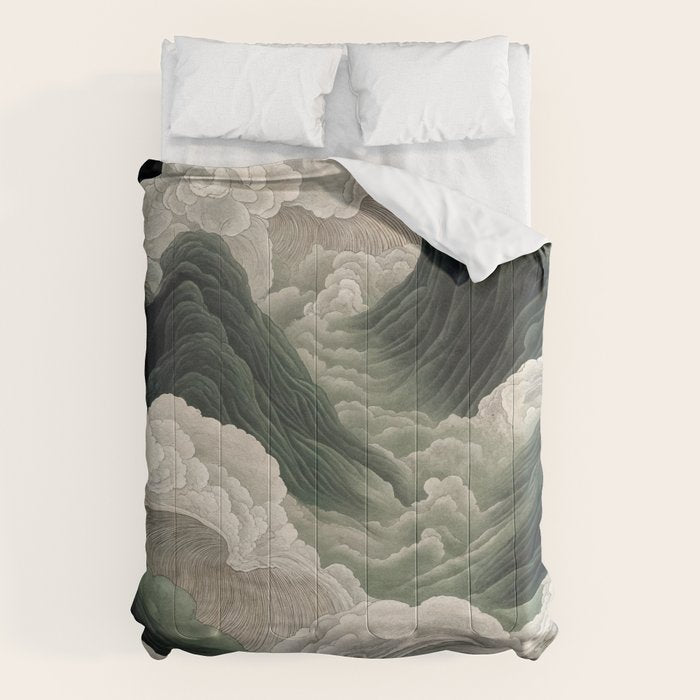 Japanese Wall Art Anime Poster Sage Green Wabi Sabi Painting Mountain Wall Art Comforter Gallery Image 6