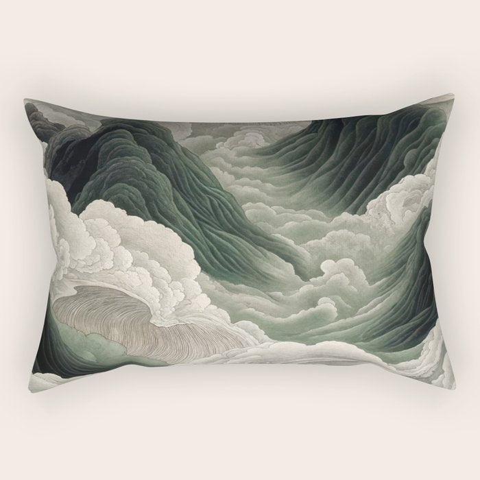 Japanese Wall Art Anime Poster Sage Green Wabi Sabi Painting Mountain Wall Art Rectangular Pillow Gallery Image 2