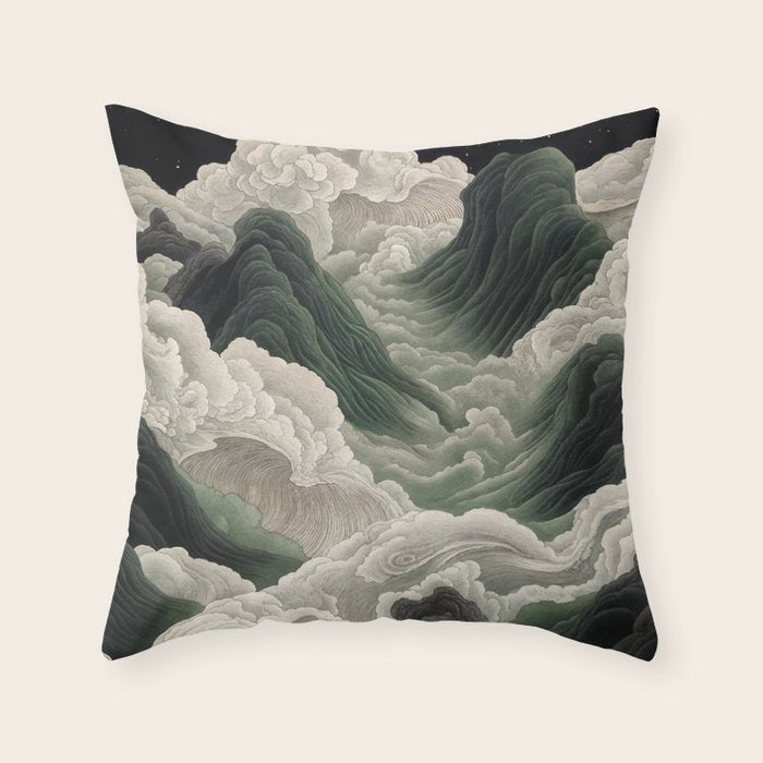 Japanese Wall Art Anime Poster Sage Green Wabi Sabi Painting Mountain Wall Art Throw Pillow Gallery Image 1