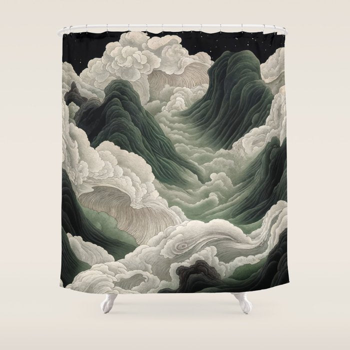 Japanese Wall Art Anime Poster Sage Green Wabi Sabi Painting Mountain Wall Art Shower Curtain Gallery Image 1