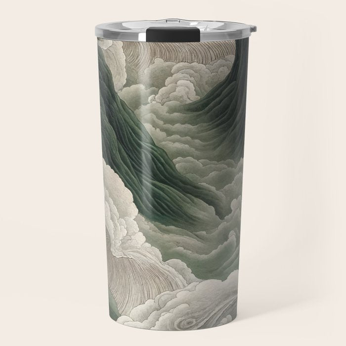Japanese Wall Art Anime Poster Sage Green Wabi Sabi Painting Mountain Wall Art Travel Mug Gallery Image 1