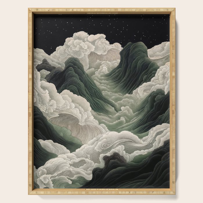Japanese Wall Art Anime Poster Sage Green Wabi Sabi Painting Mountain Wall Art Serving Tray Gallery Image 1