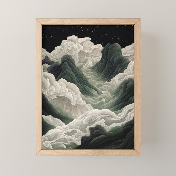 Japanese Wall Art Anime Poster Sage Green Wabi Sabi Painting Mountain Wall Art Mini Art Print Gallery Image 1
