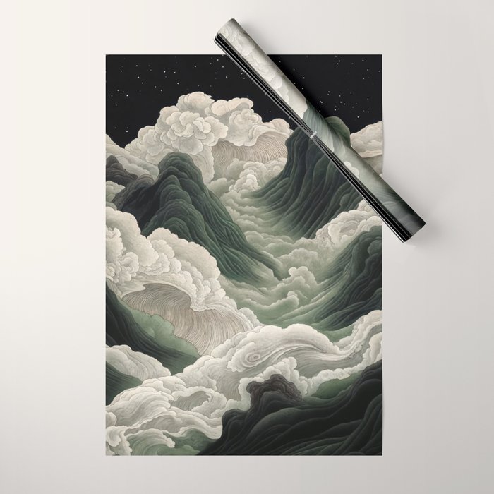 Japanese Wall Art Anime Poster Sage Green Wabi Sabi Painting Mountain Wall Art Wrapping Paper Gallery Image 1