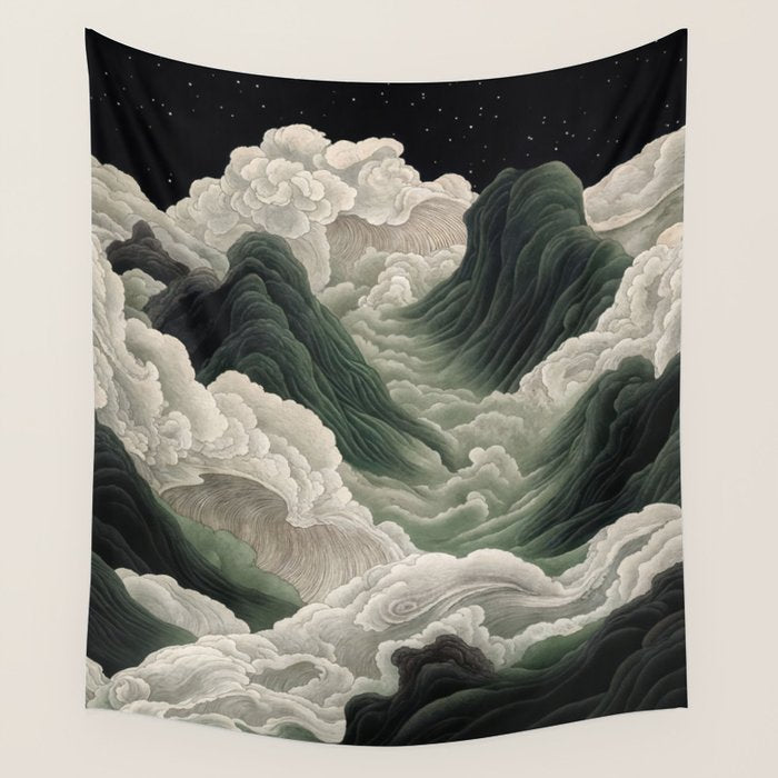 Japanese Wall Art Anime Poster Sage Green Wabi Sabi Painting Mountain Wall Art Wall Tapestry Gallery Image 4