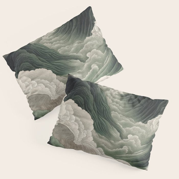 Japanese Wall Art Anime Poster Sage Green Wabi Sabi Painting Mountain Wall Art Pillow Sham Gallery Image 3