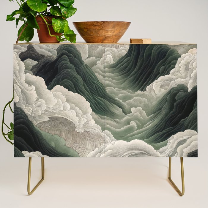 Japanese Wall Art Anime Poster Sage Green Wabi Sabi Painting Mountain Wall Art Credenza Gallery Image 1