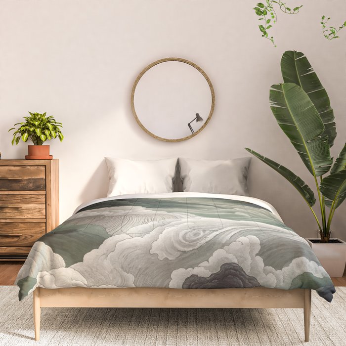 Japanese Wall Art Anime Poster Sage Green Wabi Sabi Painting Mountain Wall Art Comforter Gallery Image 3