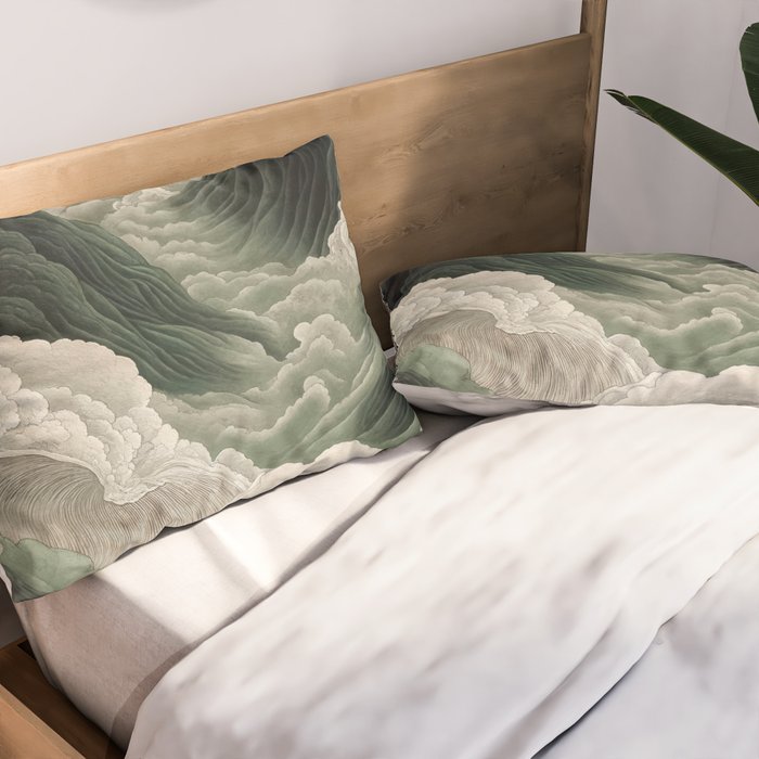 Japanese Wall Art Anime Poster Sage Green Wabi Sabi Painting Mountain Wall Art Pillow Sham Gallery Image 2