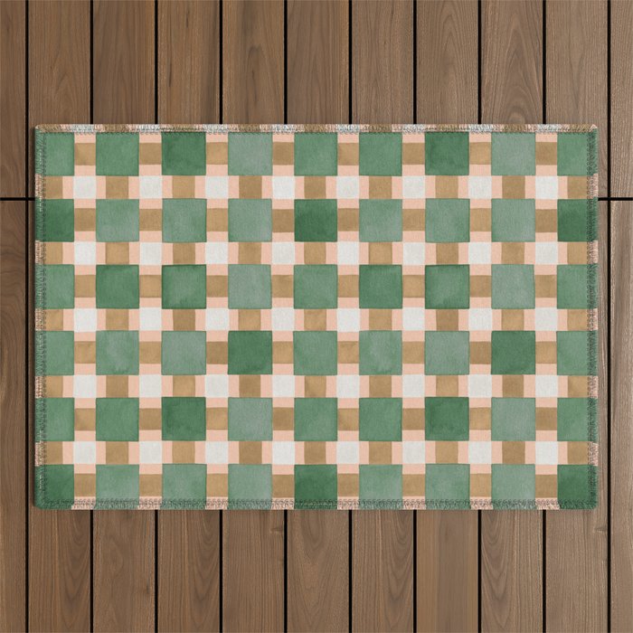 Retro plaid checks geometry Green Ocre Outdoor Rug Gallery Image 1