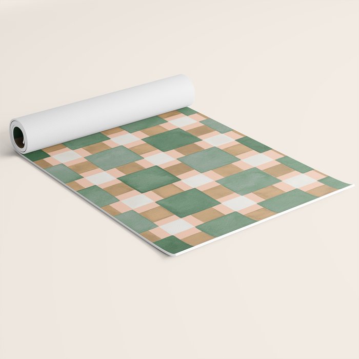 Retro plaid checks geometry Green Ocre Yoga Mat Gallery Image 2