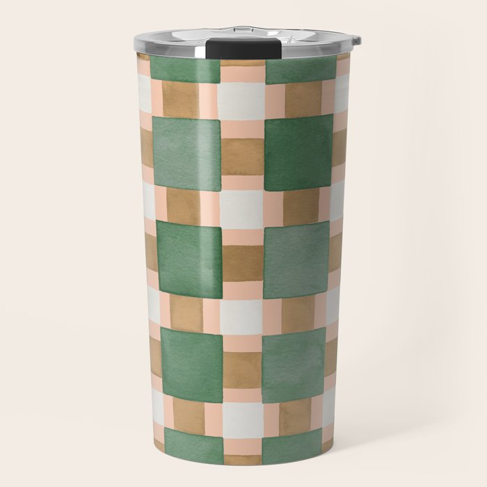 Retro plaid checks geometry Green Ocre Travel Mug Gallery Image 1