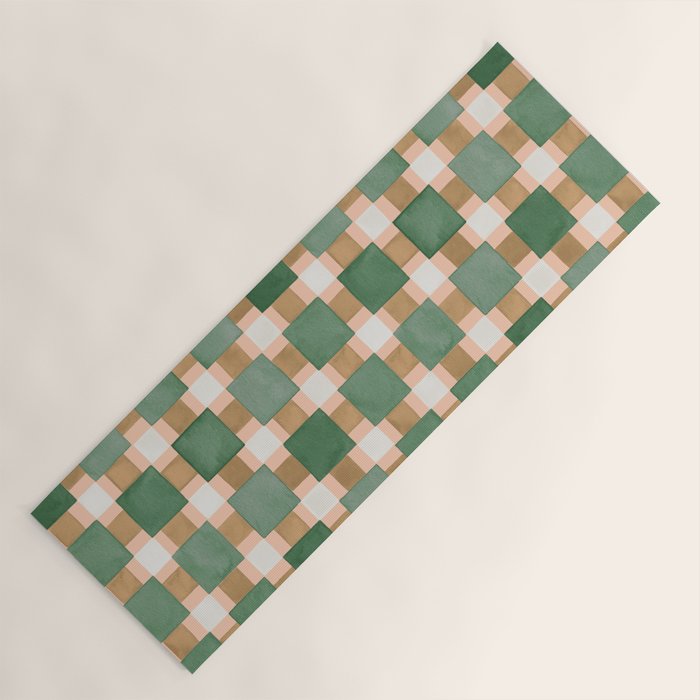 Retro plaid checks geometry Green Ocre Yoga Mat Gallery Image 1