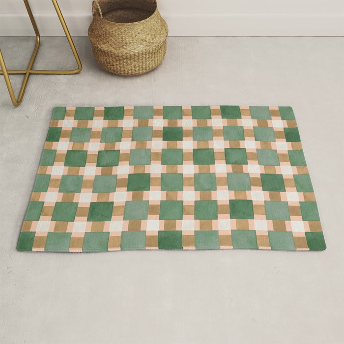 Retro plaid checks geometry Green Ocre Rug Gallery Image 1